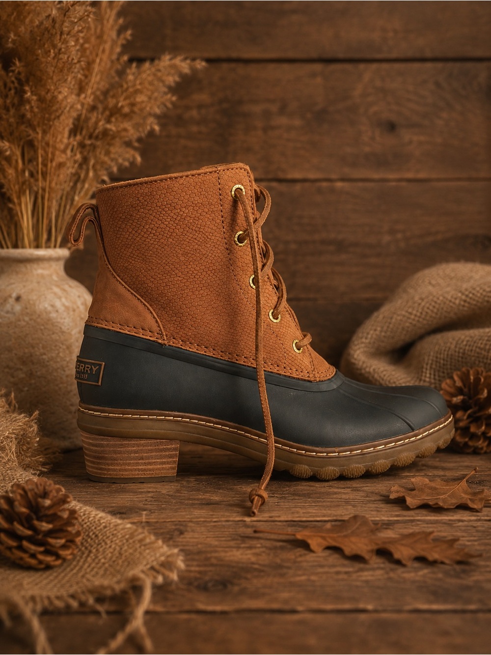 Sperry Women’s Saltwater Heeled Duck Boots Brown Leather Lace Up Waterproof Styl